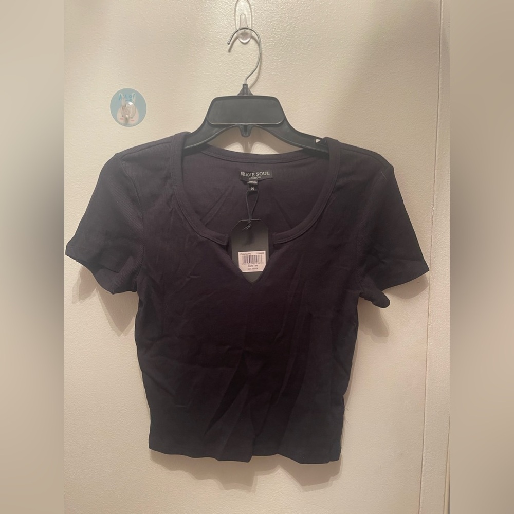 BRAVE SOUL LONDON WOMENS BLACK CROPPED FITTED SHORT SLEEVE TOP SIZE M